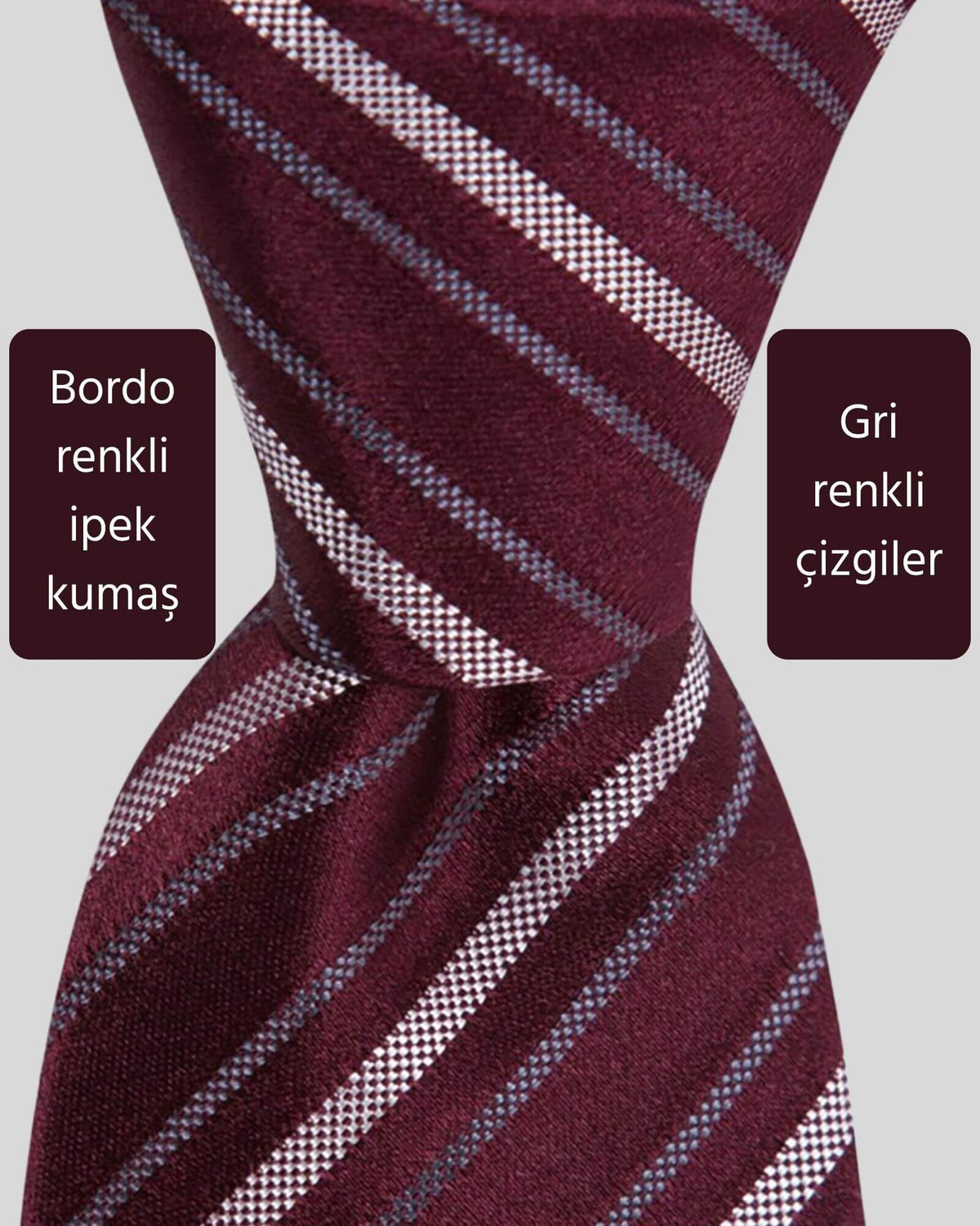 Kumovo gri çizgili bordo ipek kravat