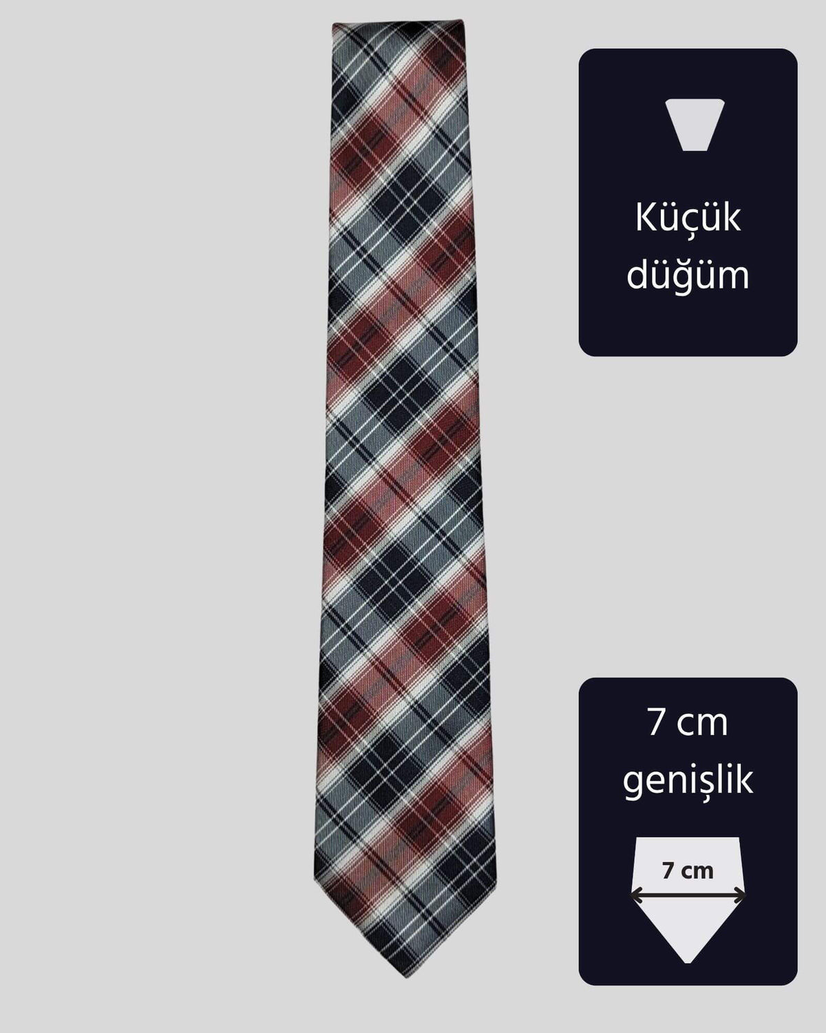Kumovo lacivert bordo ekose desenli ince kravat