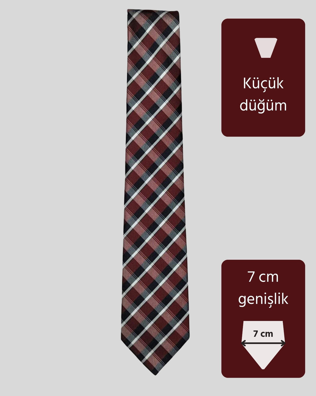 Kumovo bordo lacivert ekose desenli ince mikro kravat