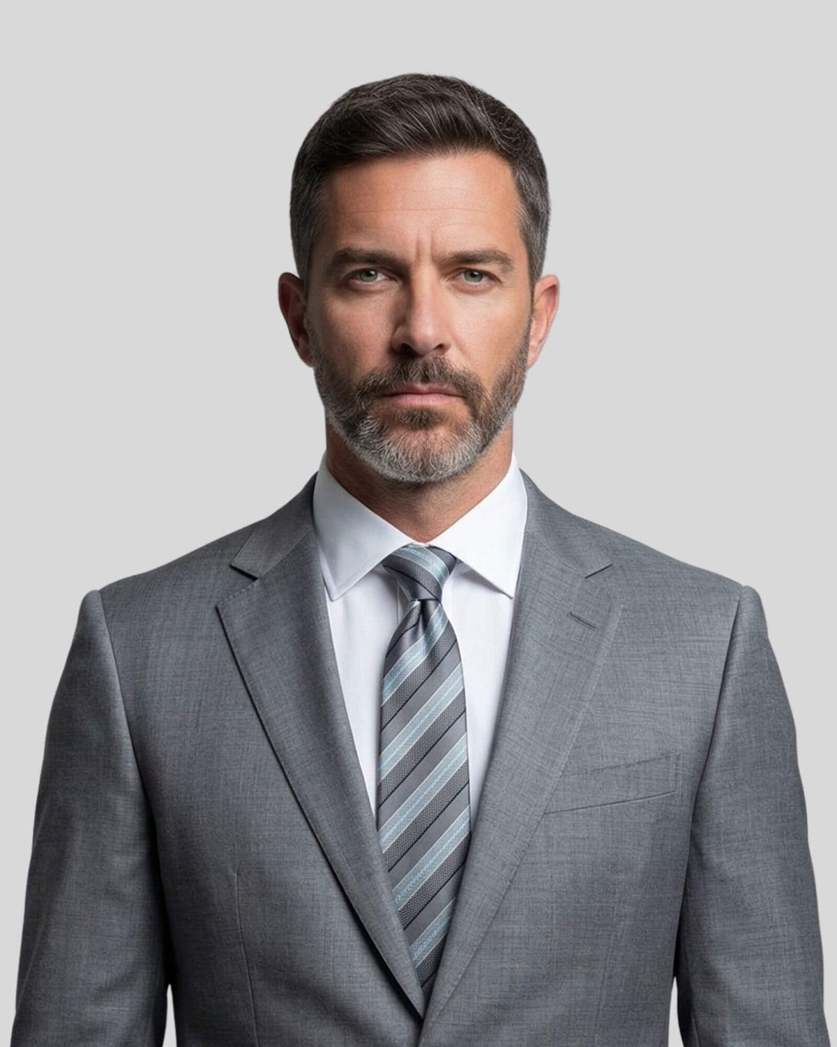 Kumovo mavi çizgili gri kravat, gri ceket, beyaz gömlek