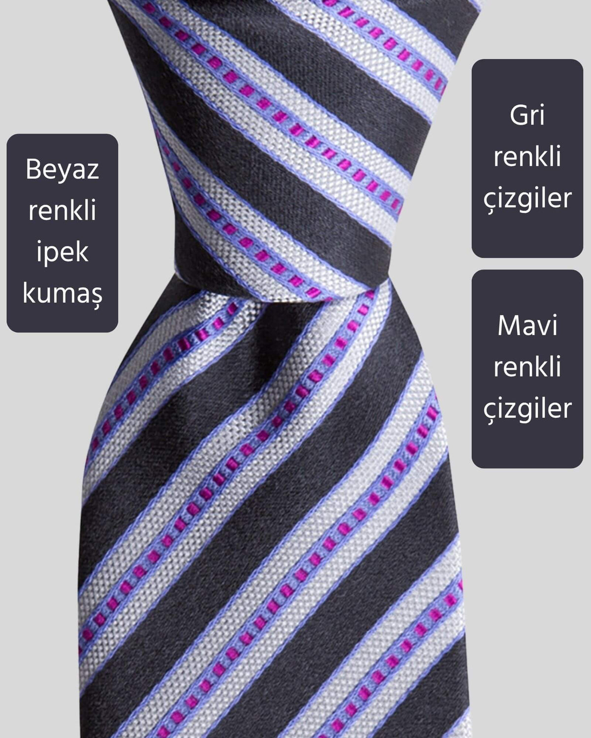 Kumovo gri beyaz çizgili ipek kravat
