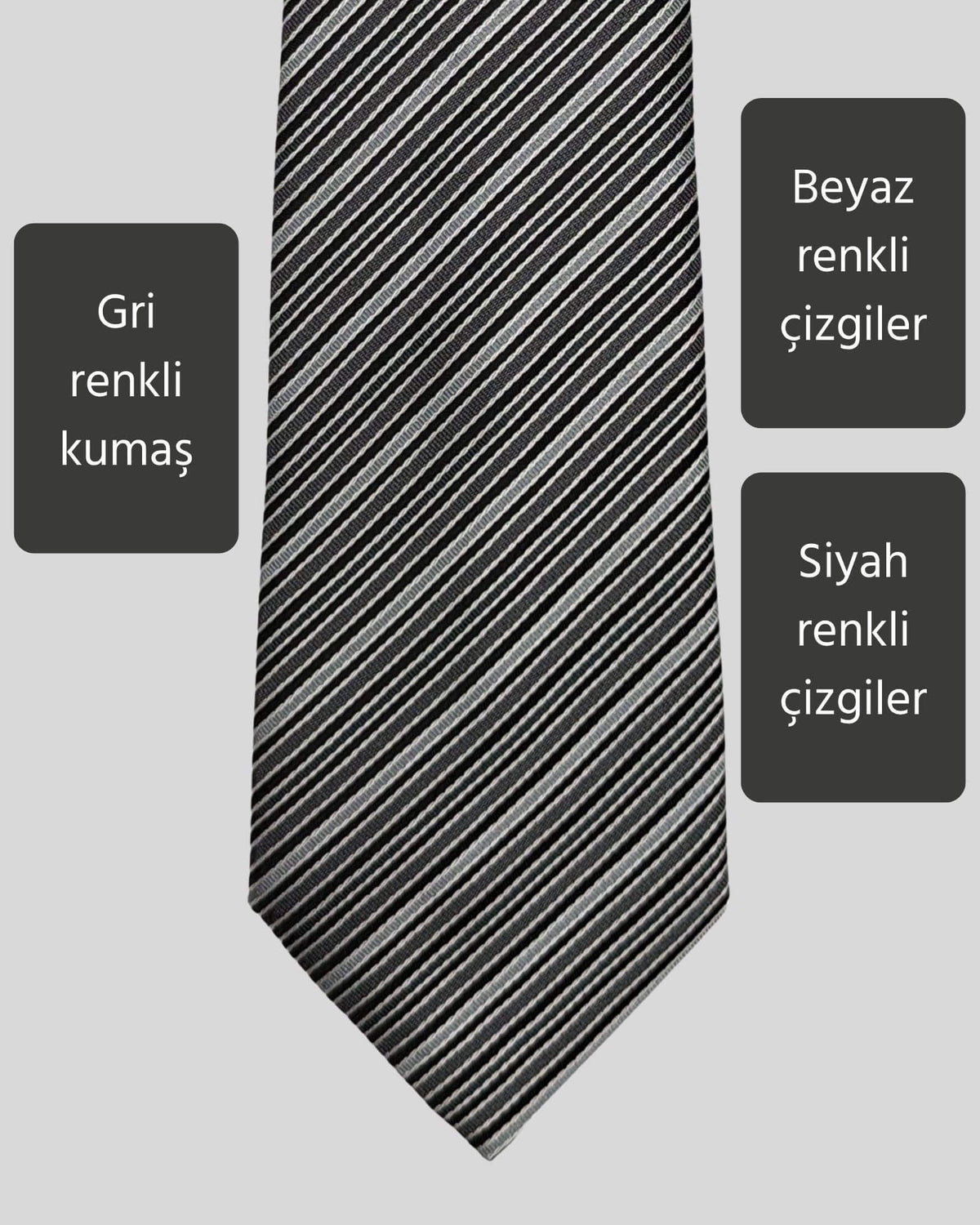 Kumovo siyah beyaz çizgili gri ofis kravatı