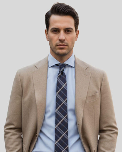 Lacivert Ekose Desenli Yün İpek İnce Kravat - 6 cm genişlik