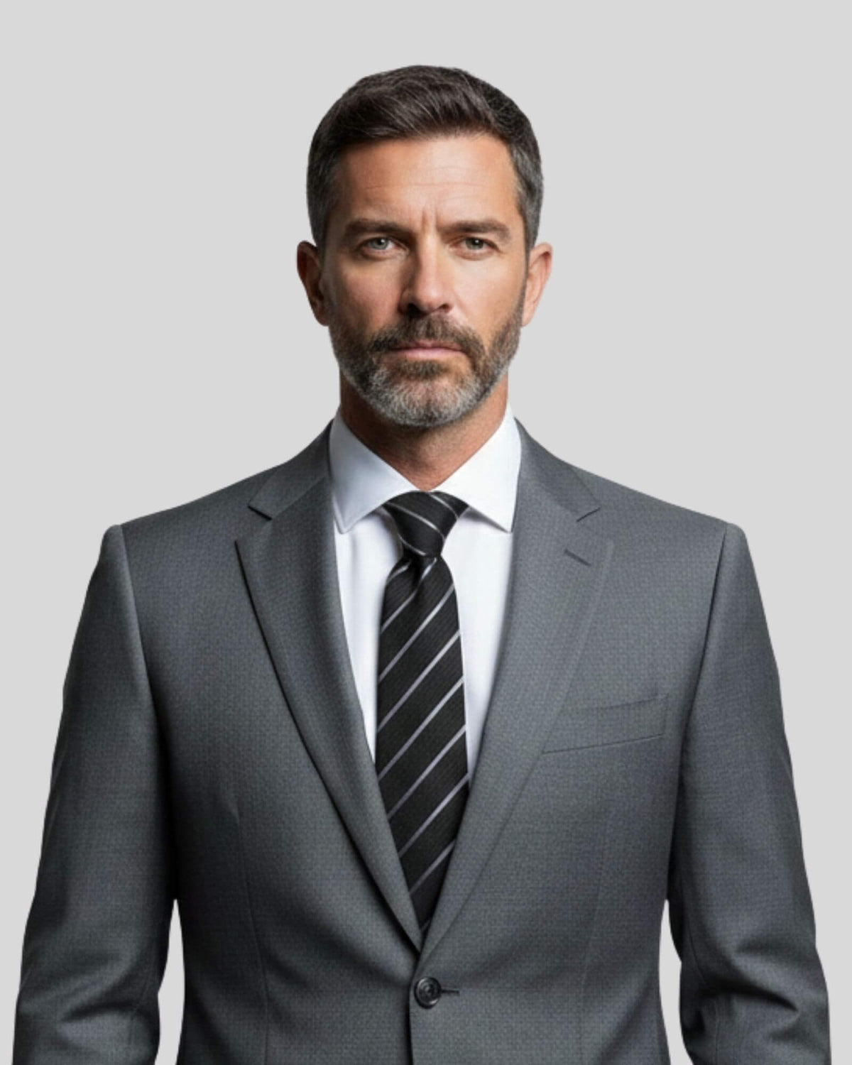 Kumovo siyah kravat, gri ceket, beyaz gömlek