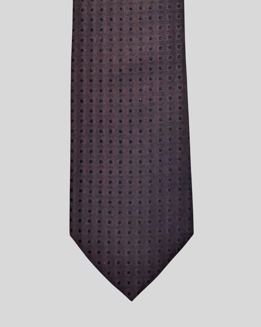 Siyah Nokta Desenli Koyu Kahverengi İpek Kravat - 8 cm genişlik