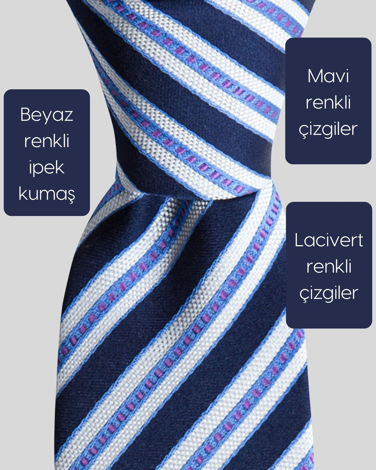 Kumovo lacivert beyaz çizgili ipek kravat