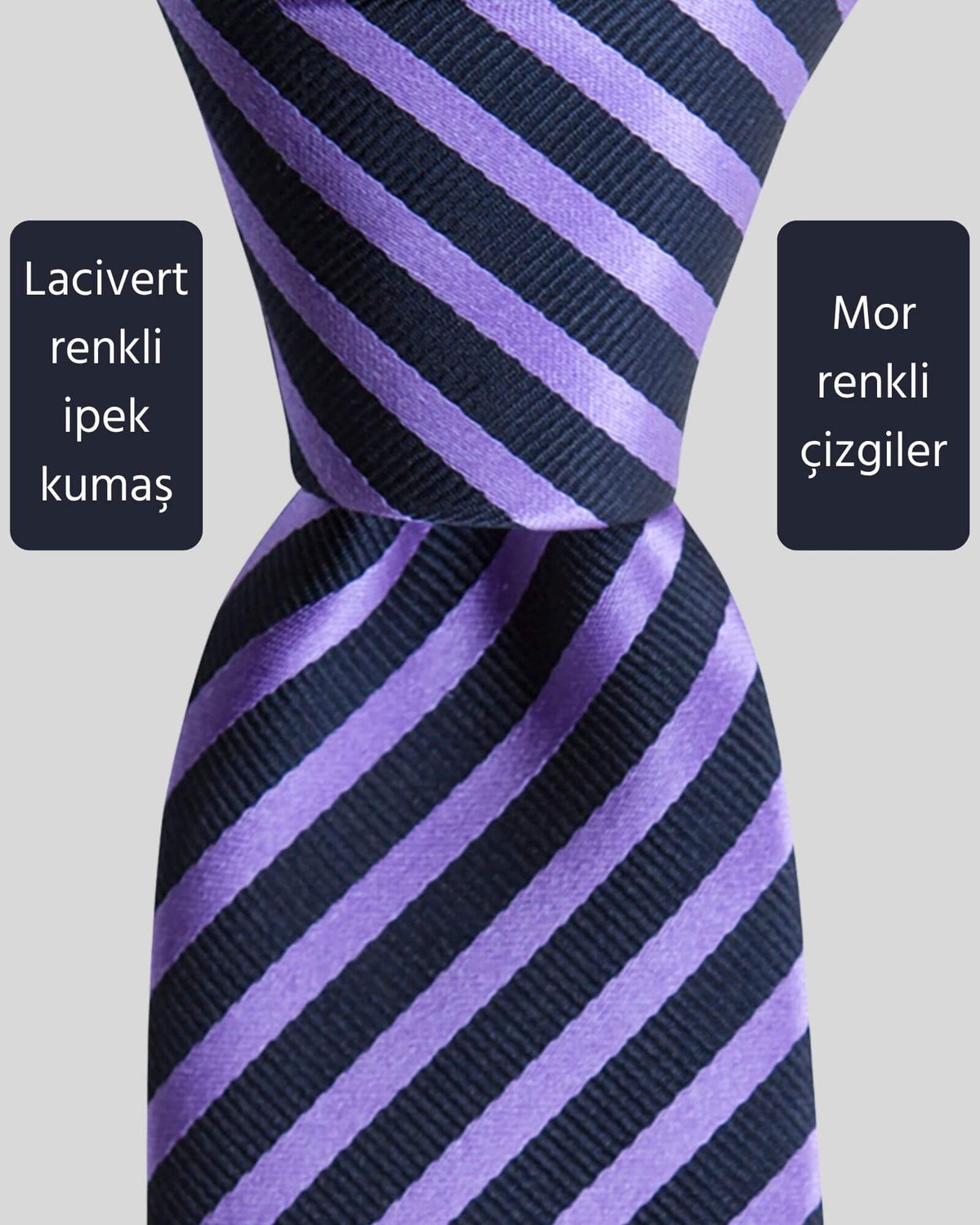 Kumovo lacivert çizgili mor ipek kravat