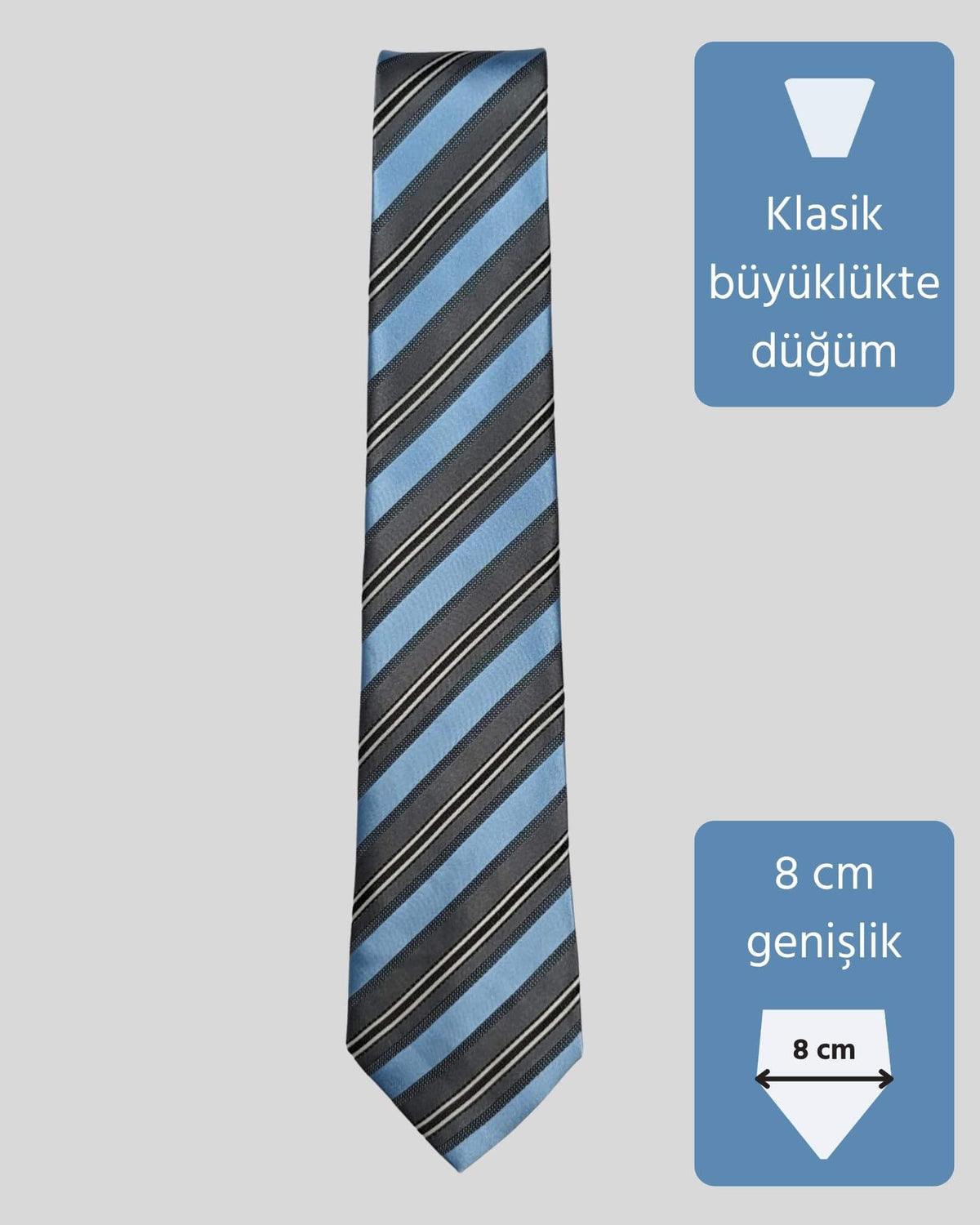 Kumovo gri çizgili klasik mavi düğün kravatı