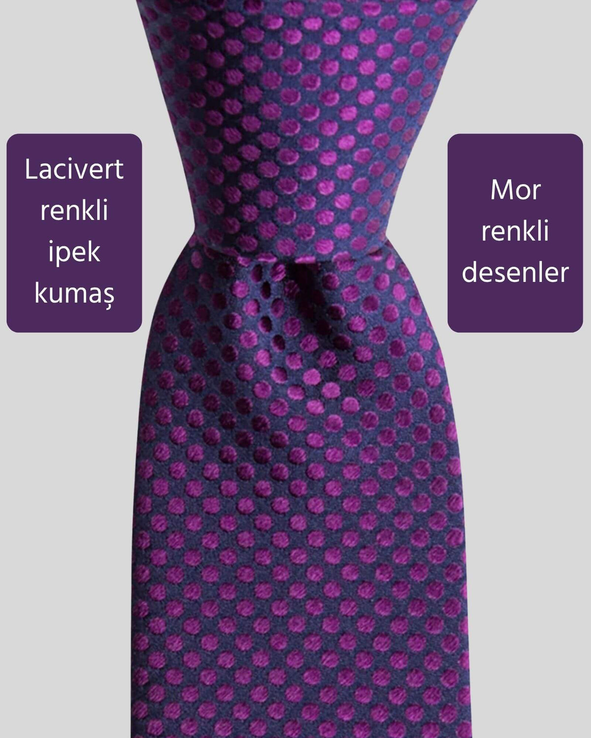 Kumovo mor puantiye desenli lacivert ipek kravat
