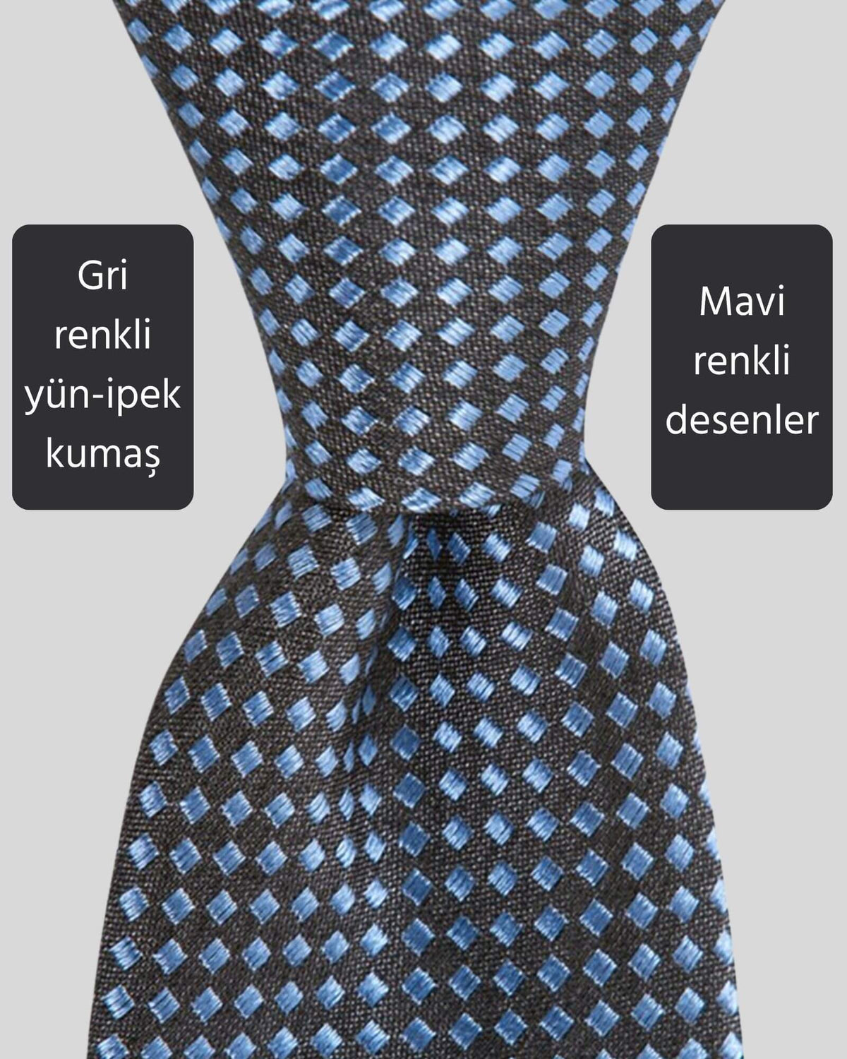 Kumovo gri mavi desenli yün ipek avukat kravatı