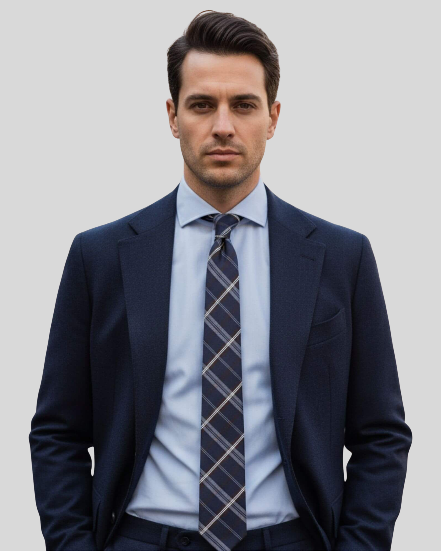 Lacivert Ekose Desenli Yün İpek İnce Kravat - 6 cm genişlik