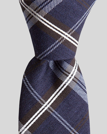 Lacivert Ekose Desenli Yün İpek İnce Kravat - 6 cm genişlik